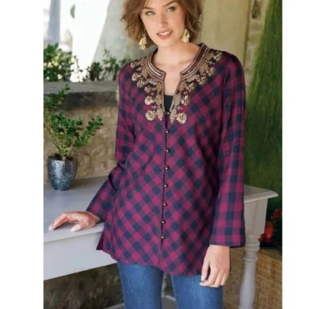 Soft Surroundings Plaid Tunic Top Gold beaded Long Sleeves Cotton red Sz Medium